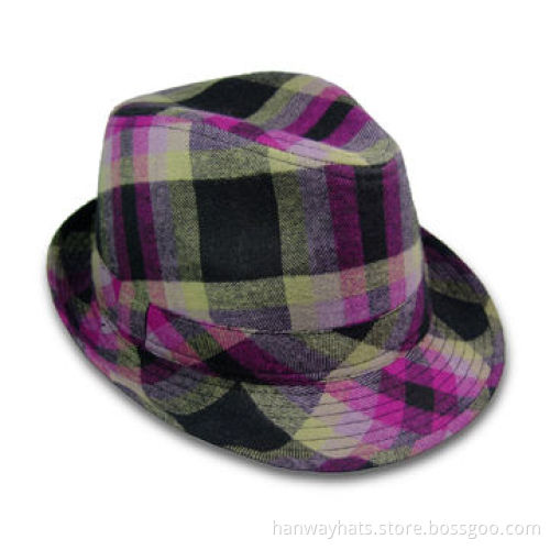 Women's Plaid Fedora Hat with Self Hat Band and Loop Trim
